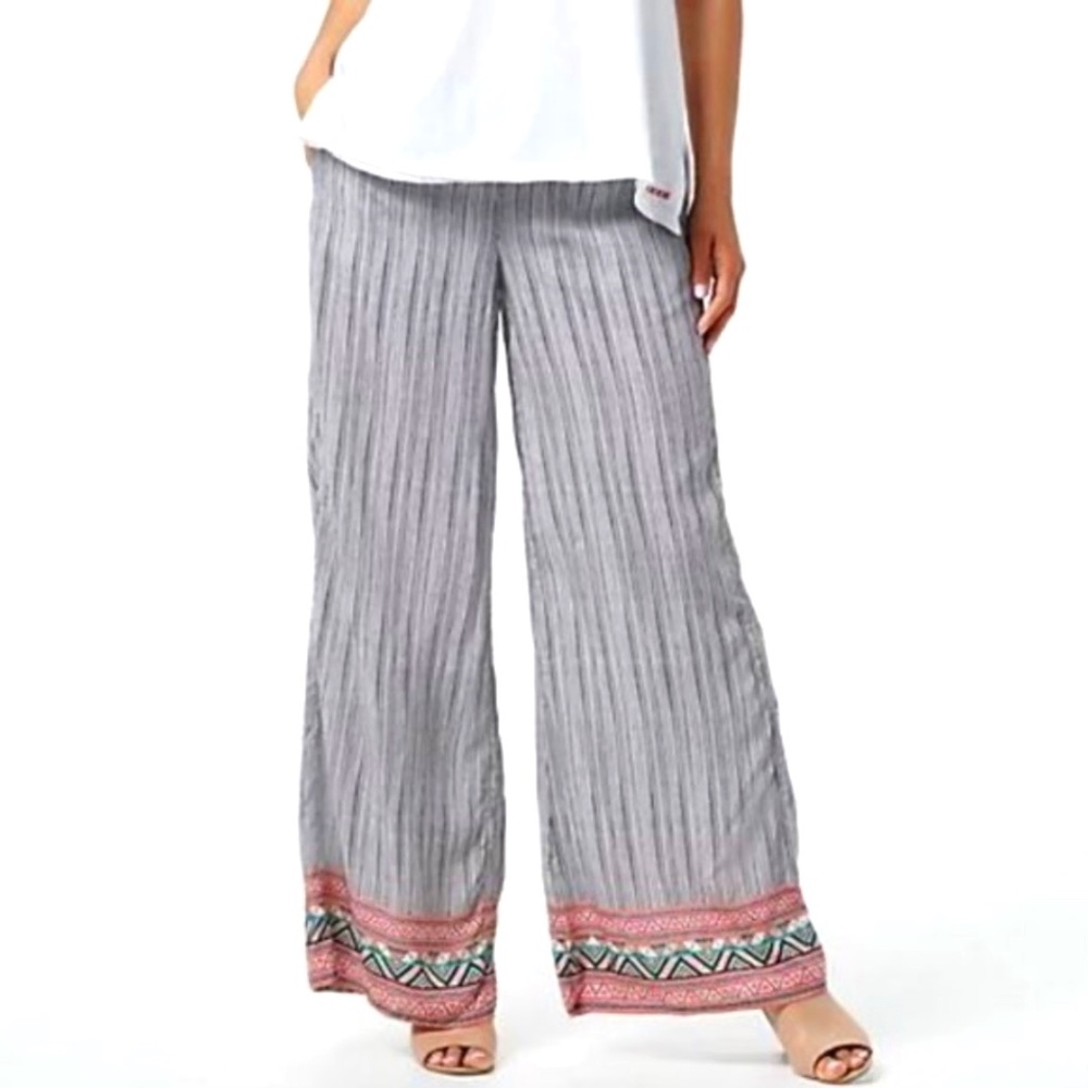 Tolani Collection Strip Printed Pull-On Woven Palazzo Pants Grey Multi SZ M